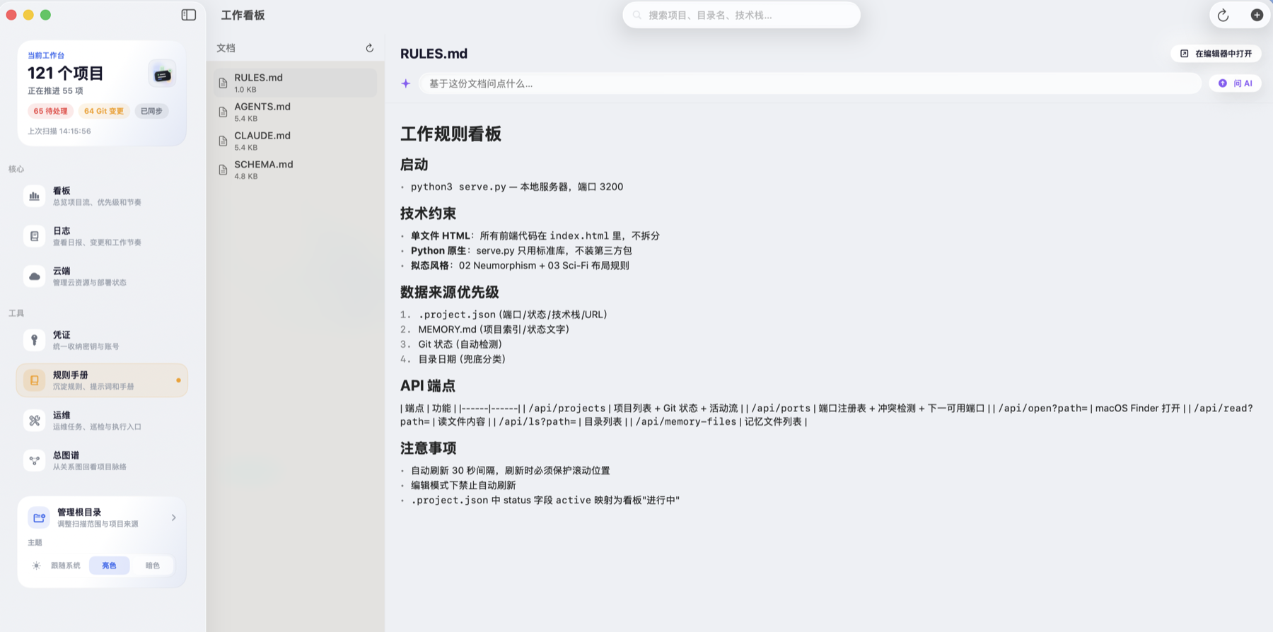 工作看板规则与文档页面截图。